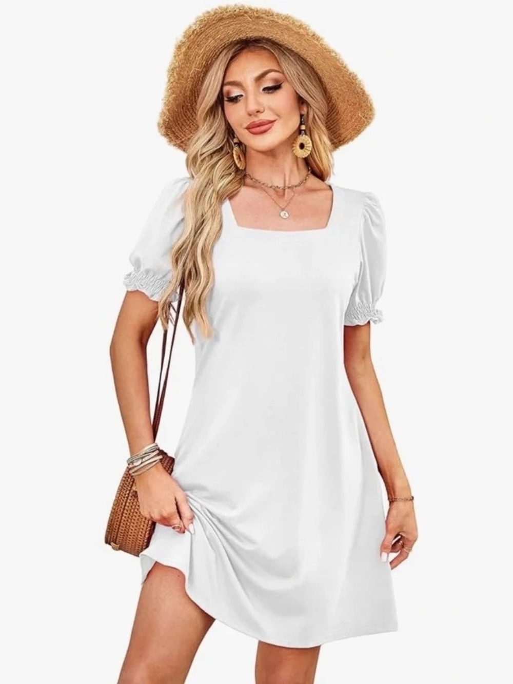 NWT Casual Square Neck Puffy Short Sleeve White Dress by Rumia Size Large